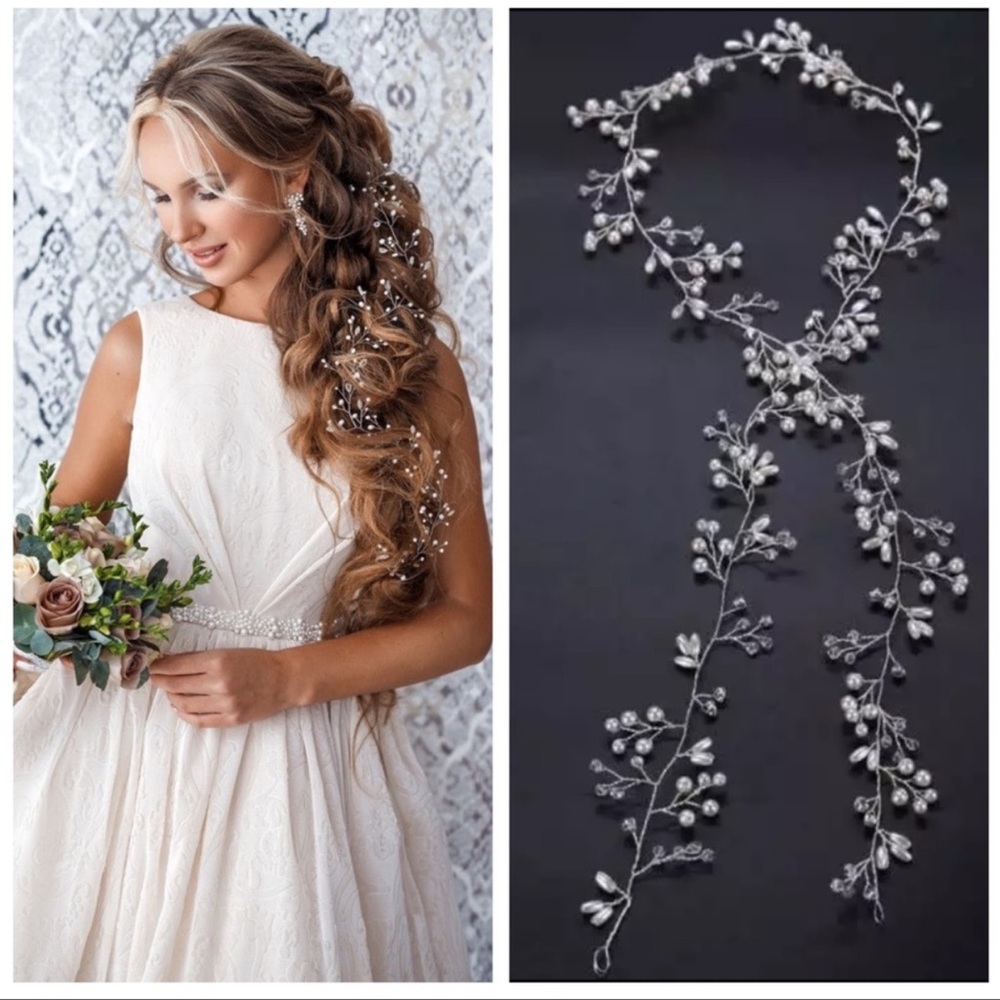 NEW Ivory Pearl & Crystal Silver Bridal Hair Vine